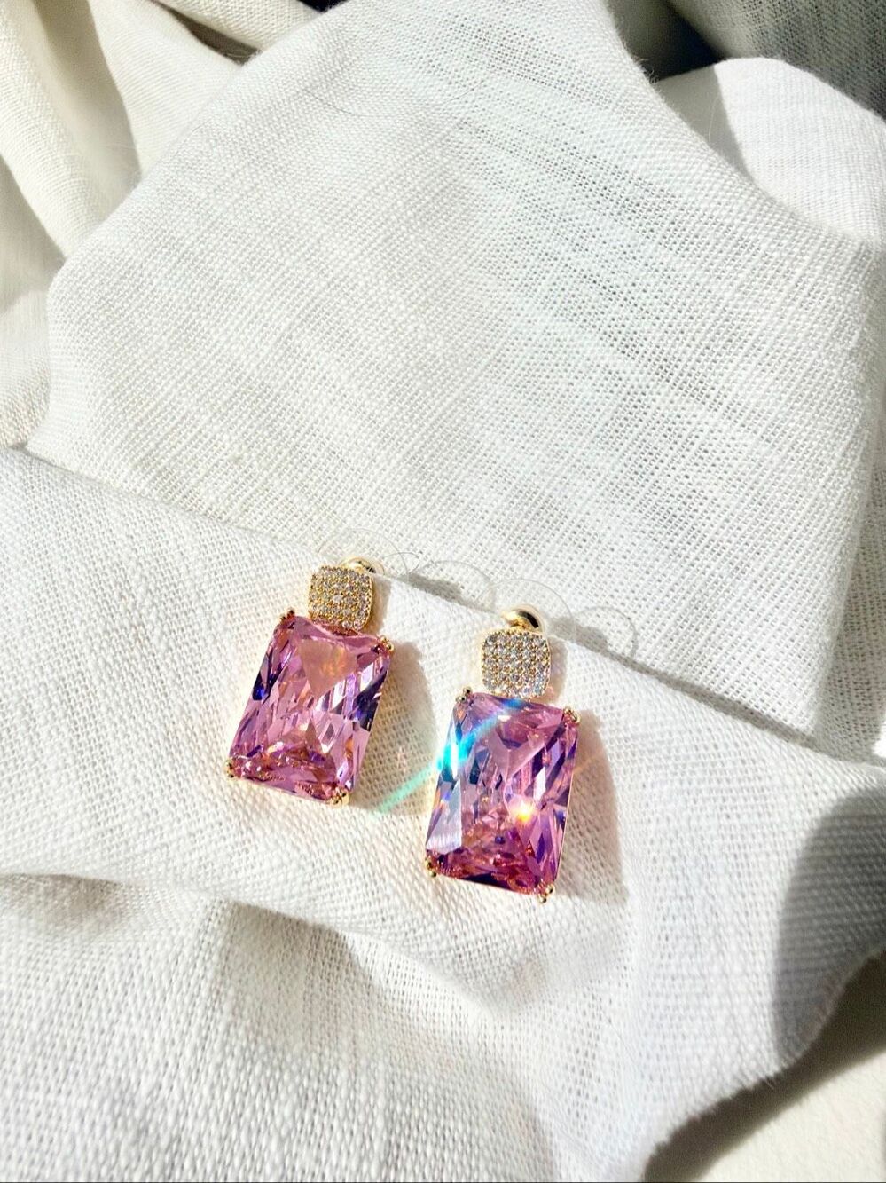 Pink Elongated Radiant Cut CZ Drop Earrings Barbiecore Gold Tone